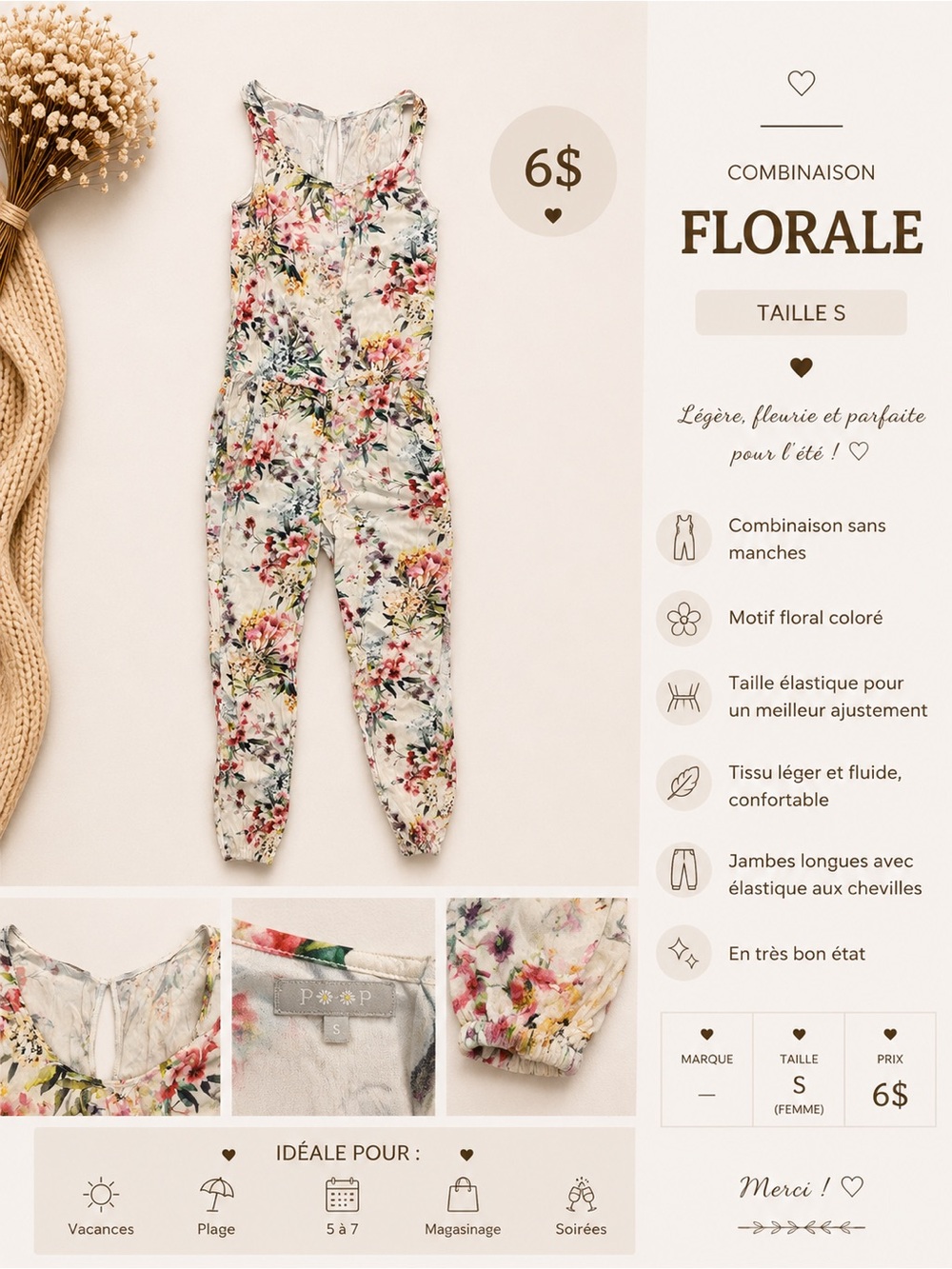 Floral Sleeveless Jumpsuit in Cream with Pink & Green Blooms